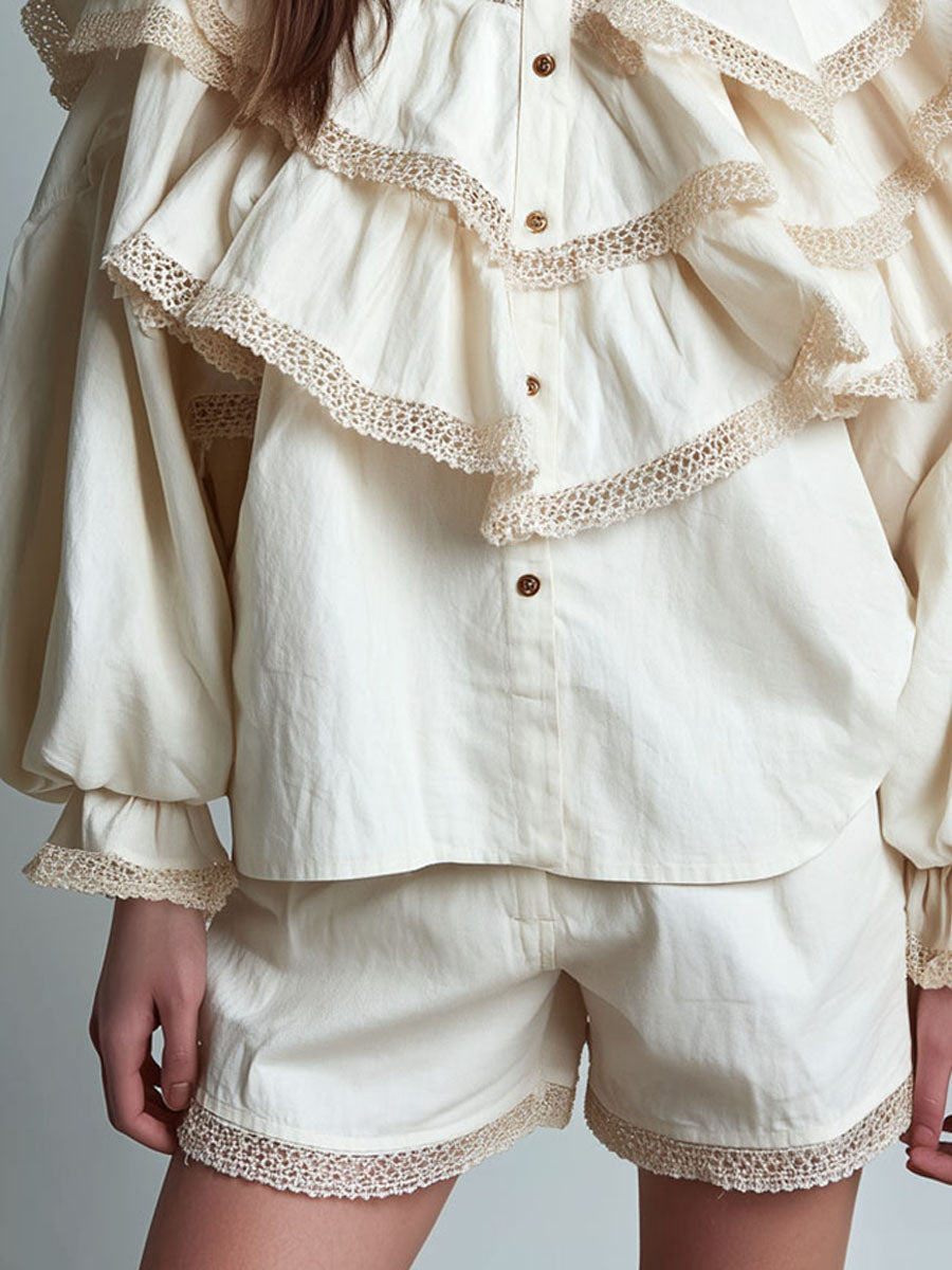 Victorian Ivory Ruffled Lace-Trim Blouse & Shorts Two-Piece Set