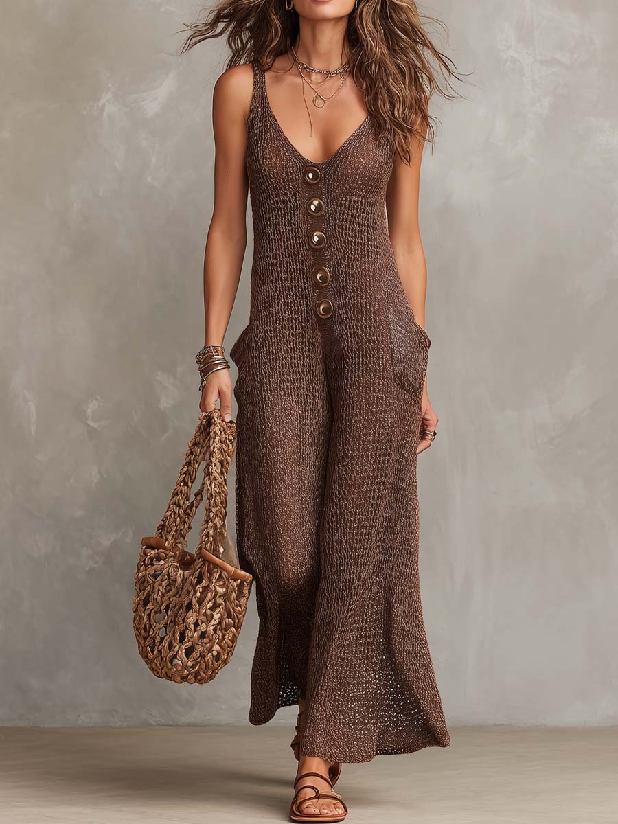 Retro Button-up Knitted Jumpsuit