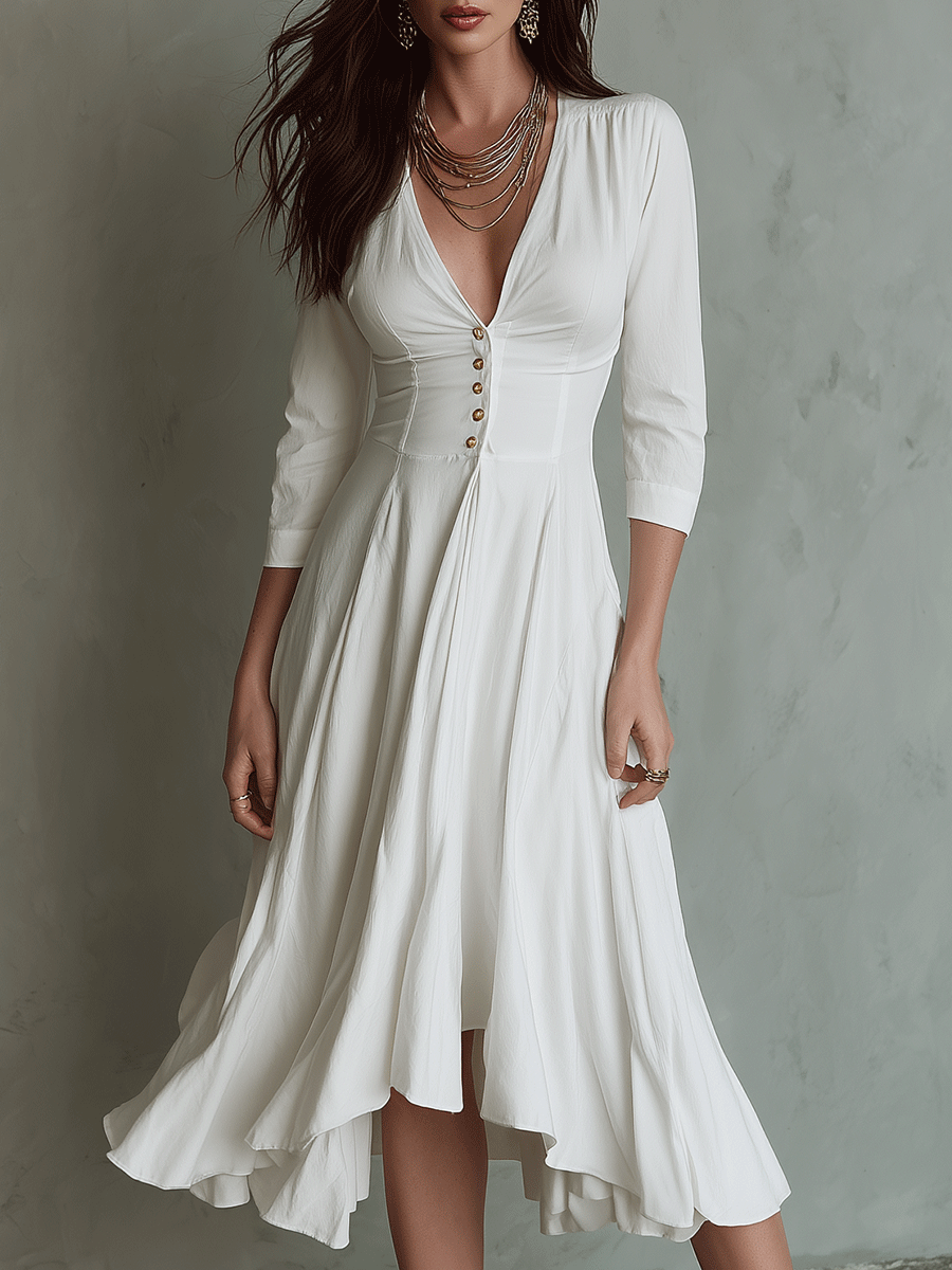 Elegance V-Neck Timeless Ivory Button Midi Dress