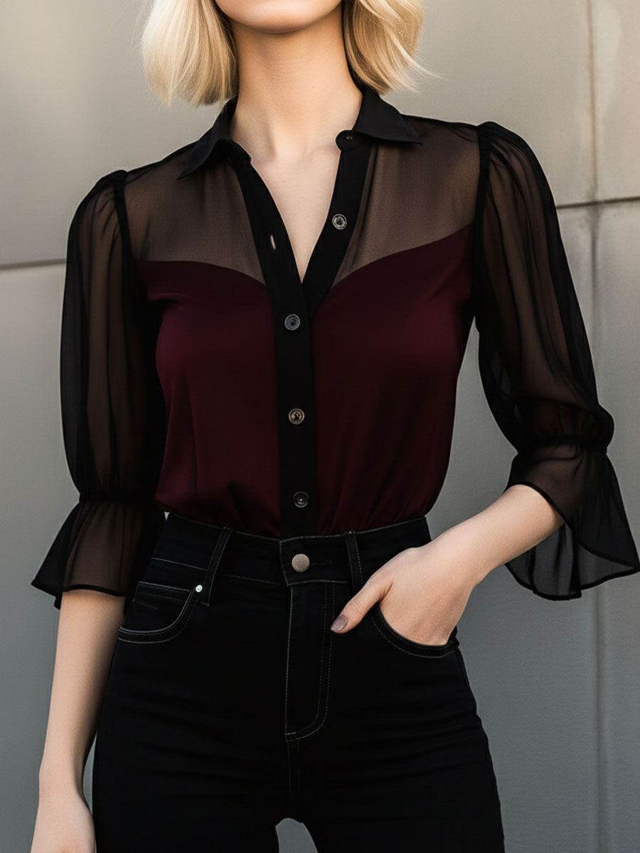 Retro Sheer Sleeves Burgundy Chiffon Contrast Blouse