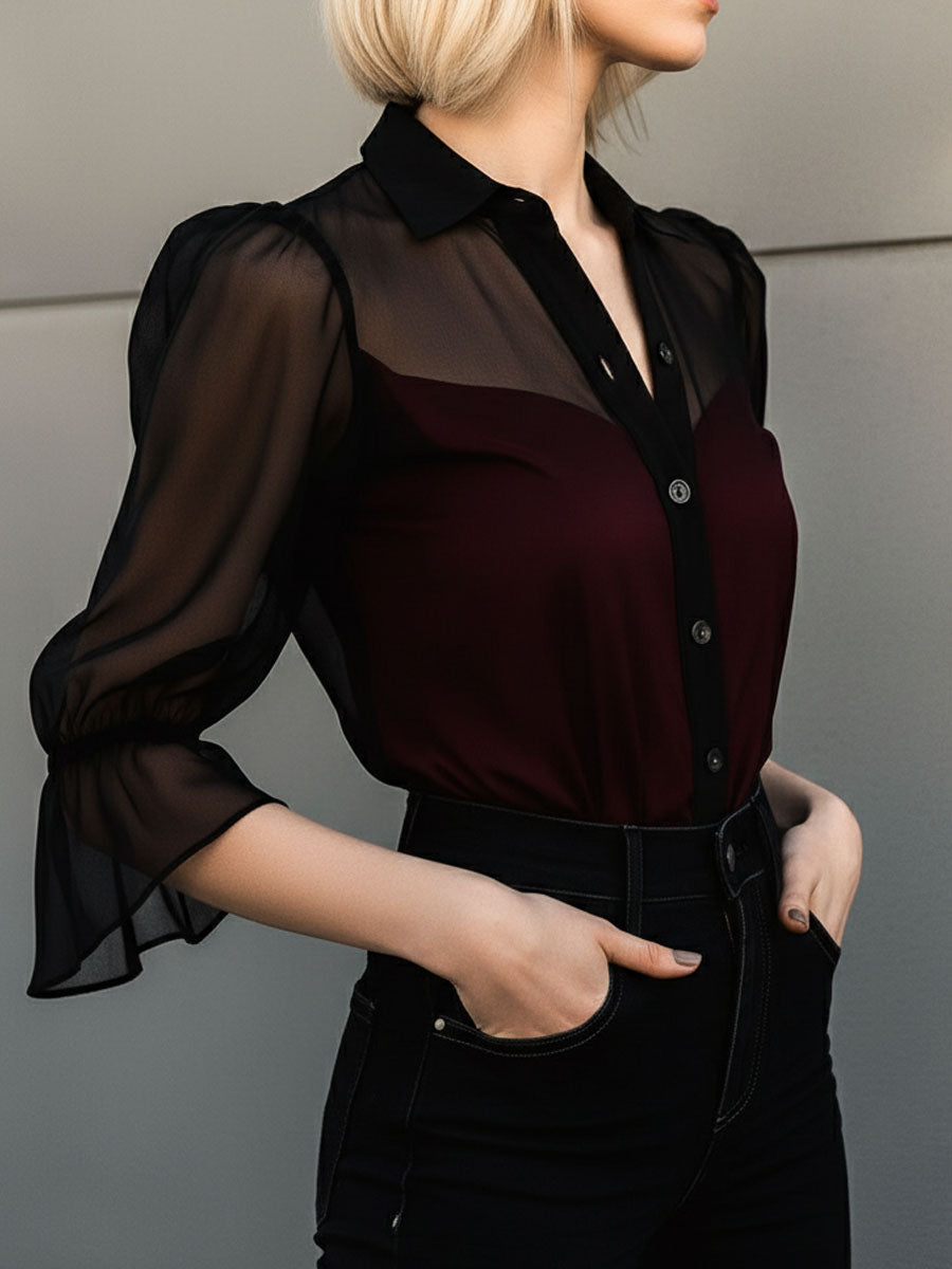 Retro Sheer Sleeves Burgundy Chiffon Contrast Blouse