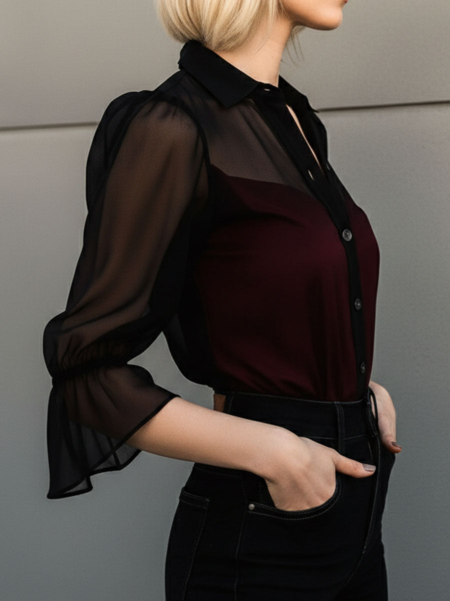 Retro Sheer Sleeves Burgundy Chiffon Contrast Blouse