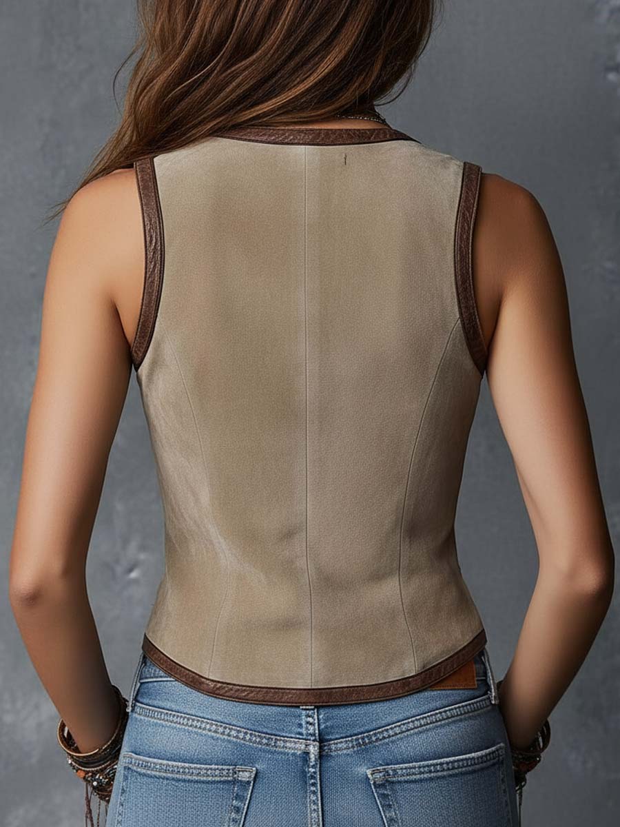 Velvet Button Vest With Contrast Eco-Leather Trim