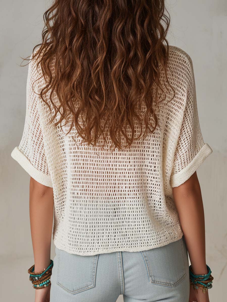 Bohemian Casual Open-Knit Short Sleeve Top