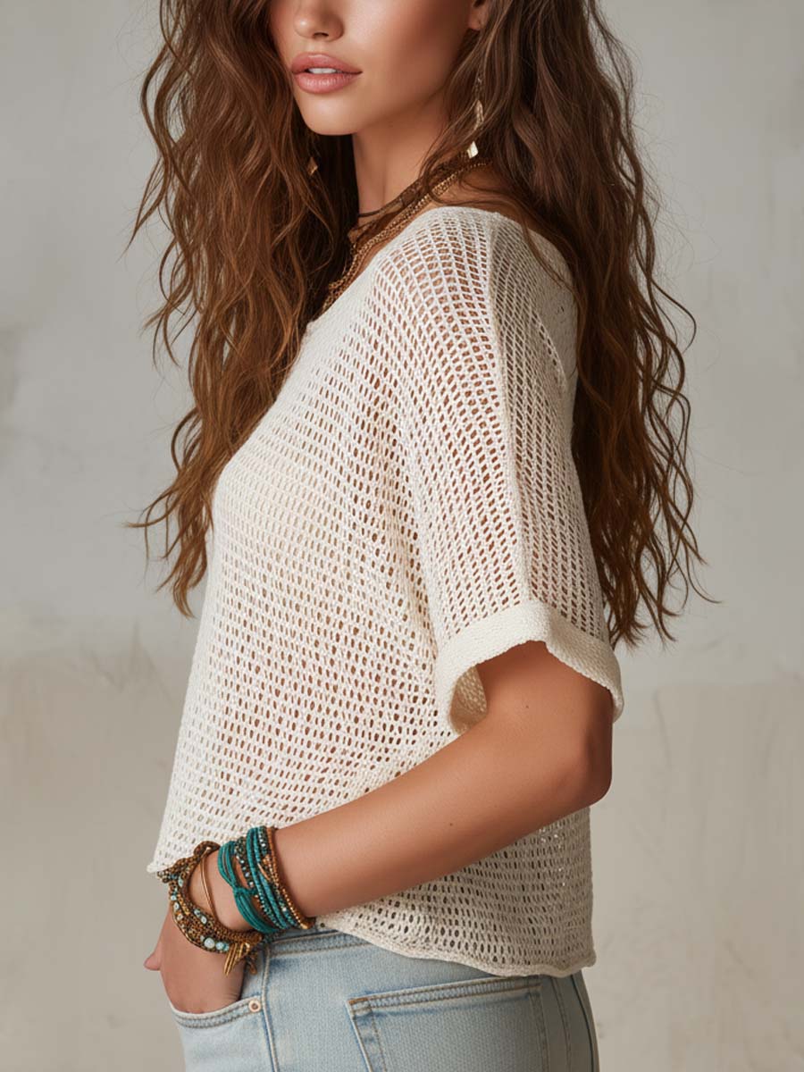Bohemian Casual Open-Knit Short Sleeve Top