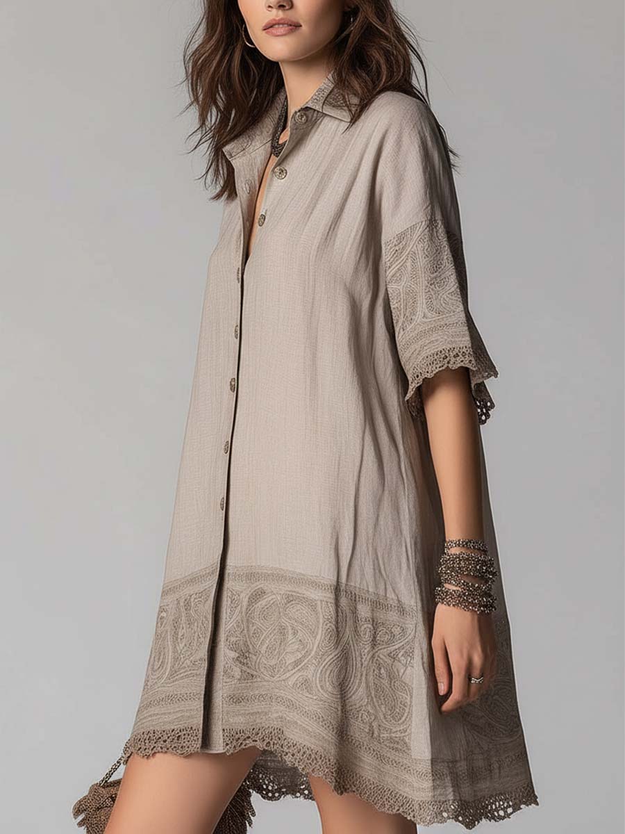 Paisley Print Cotton-Linen Lace-Trim Button Shirt Dress
