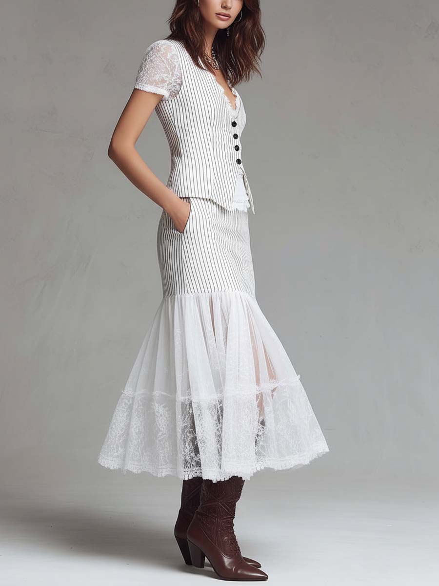 Classic Pinstripe Lace-Panel Vest & Midi Skirt Set