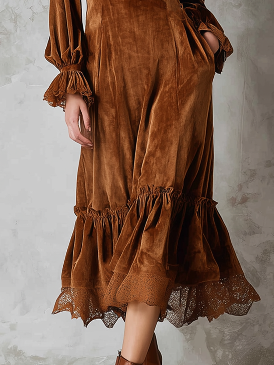 Retro Ruffle Neck Lace Trim Eco-friendly Velvet Midi Dress
