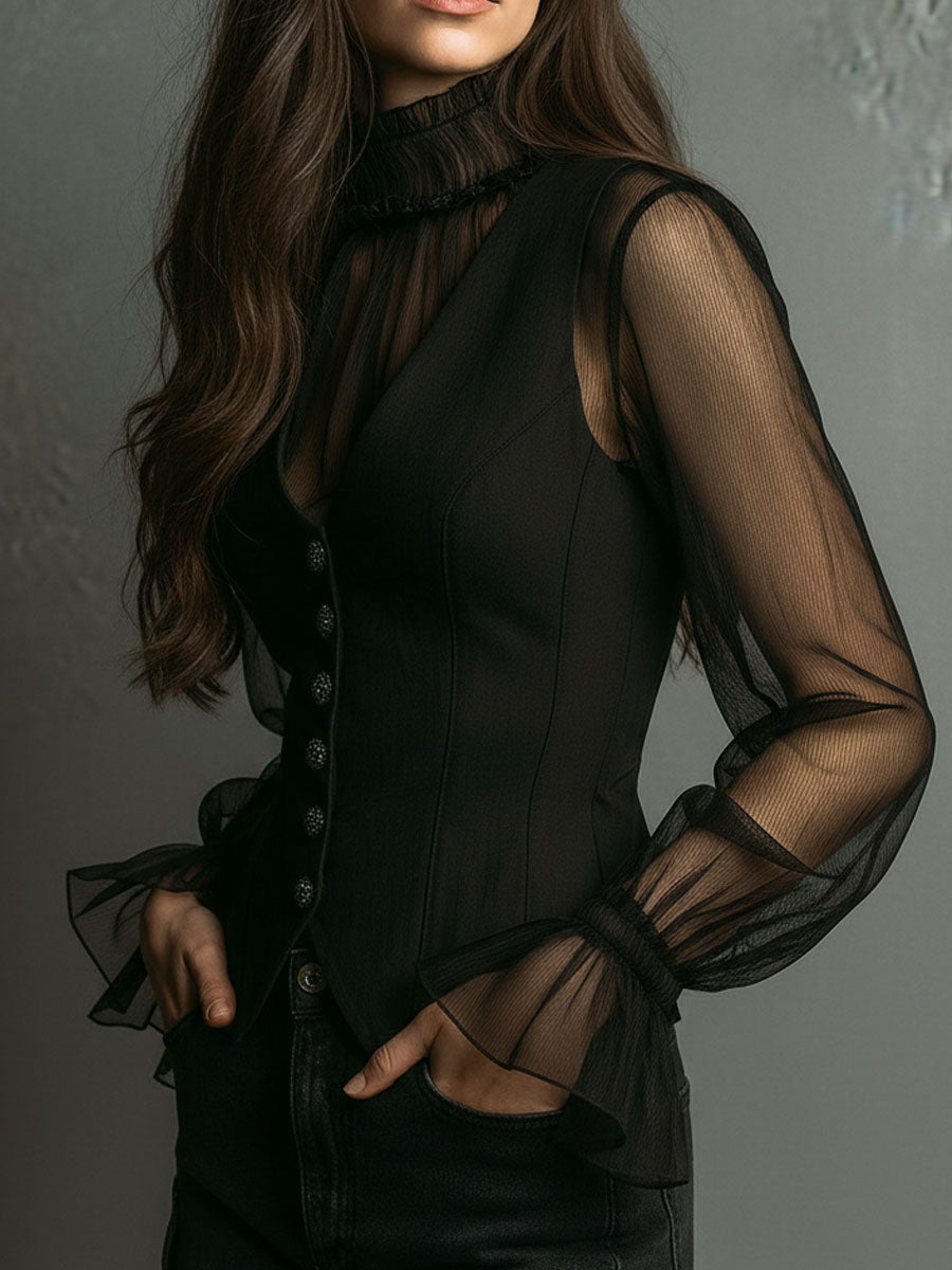 Black Sheer Turtleneck Ruffled Sleeve Corset Top with Crystal Buttons