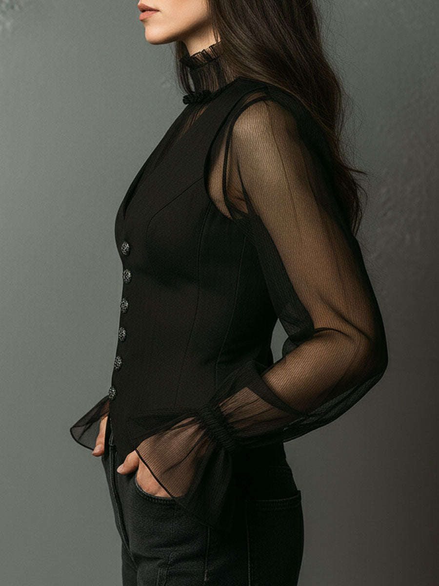 Black Sheer Turtleneck Ruffled Sleeve Corset Top with Crystal Buttons