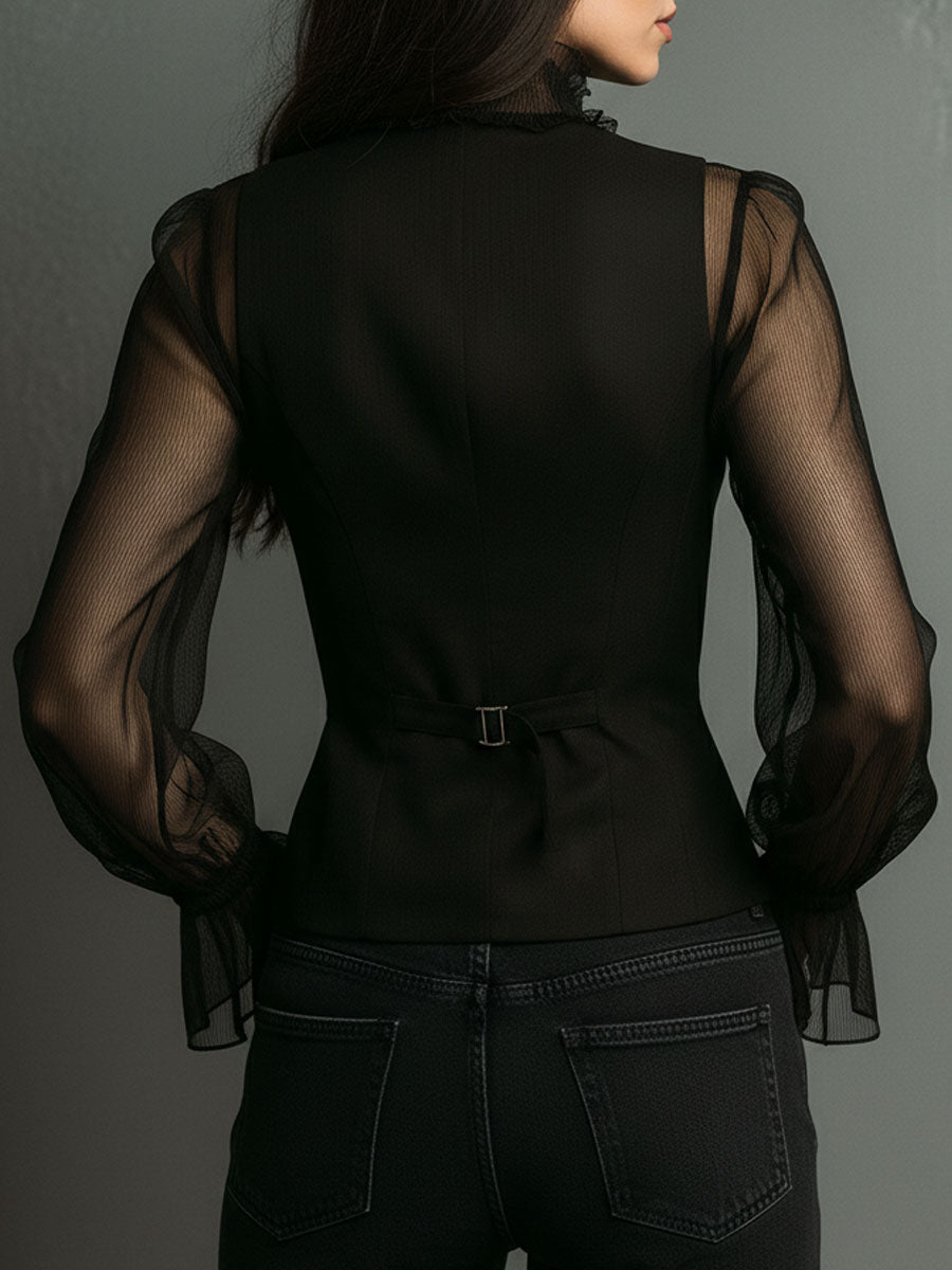 Black Sheer Turtleneck Ruffled Sleeve Corset Top with Crystal Buttons