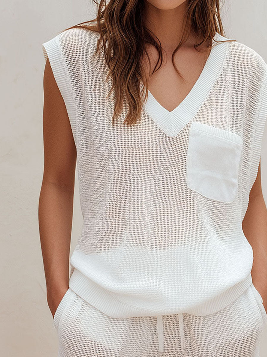 Quiet Luxury Ivory Knit Sleeveless V-Neck Top & Drawstring Shorts Set