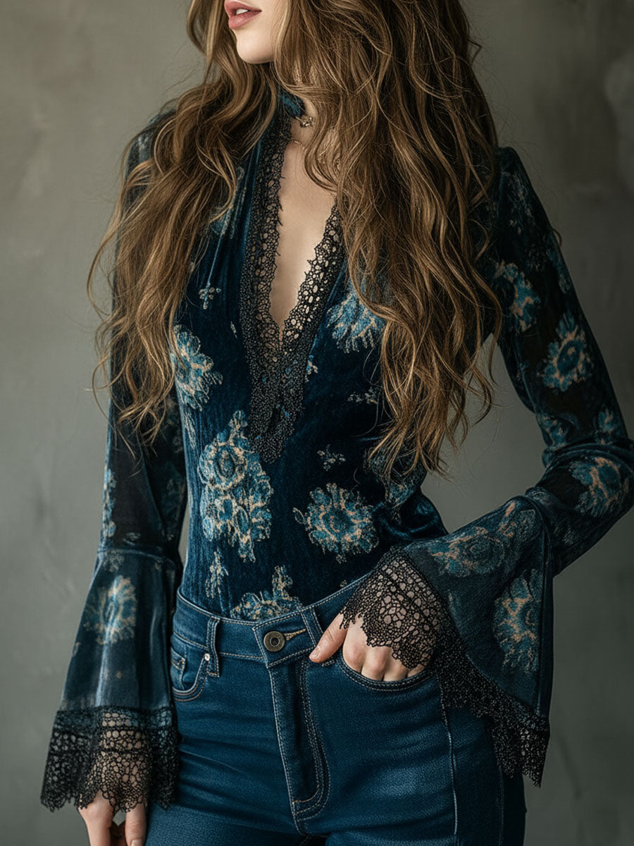 Retro Blue Floral Velvet Lace Blouse With Bell Sleeves