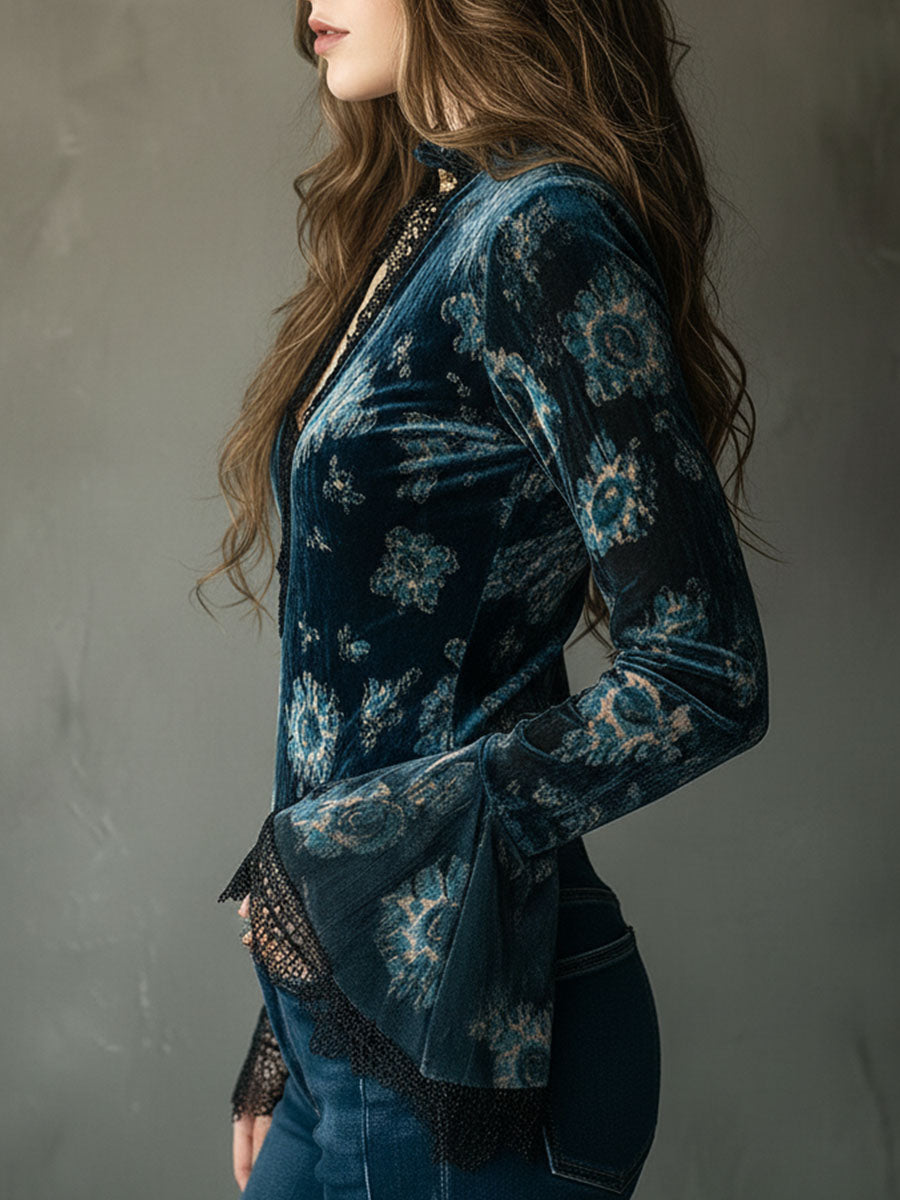 Retro Blue Floral Velvet Lace Blouse With Bell Sleeves