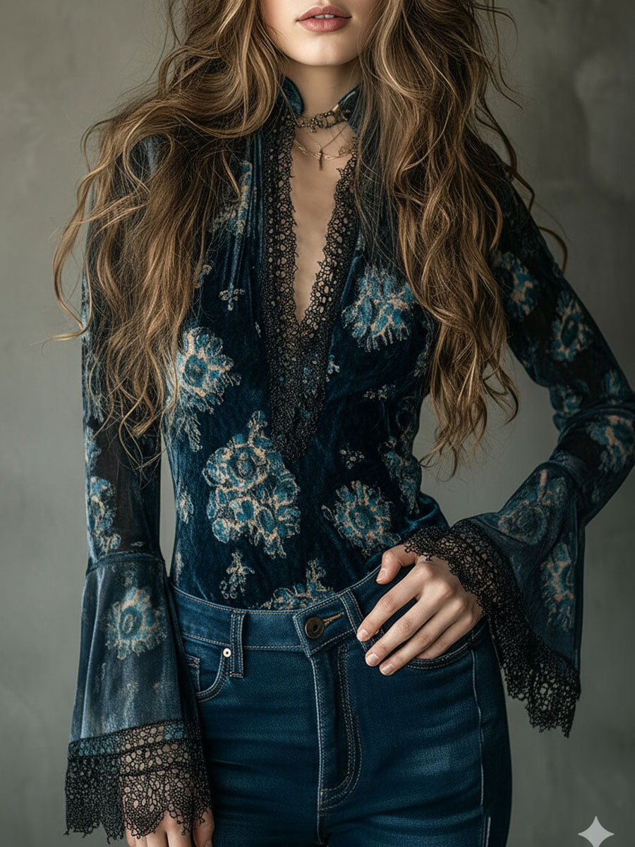 Retro Blue Floral Velvet Lace Blouse With Bell Sleeves