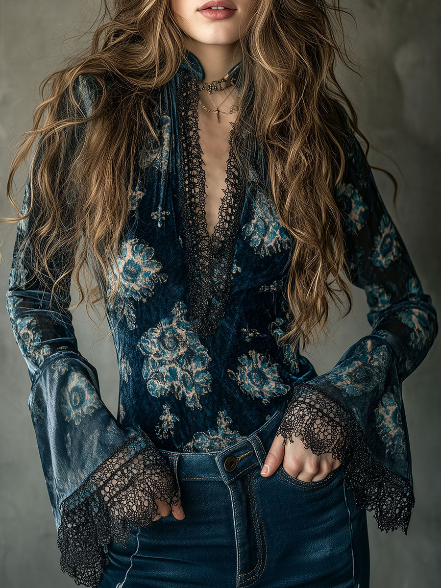 Retro Blue Floral Velvet Lace Blouse With Bell Sleeves