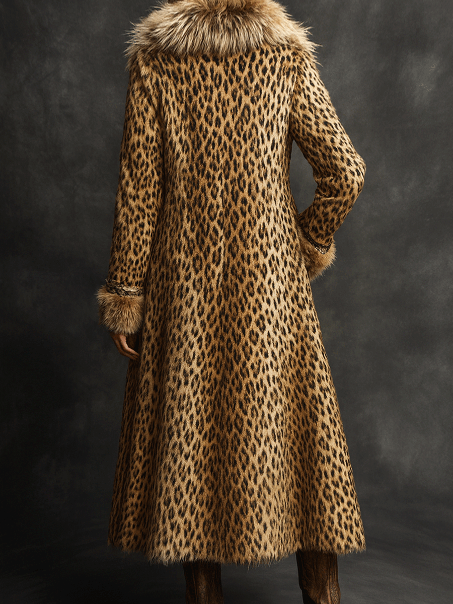 Vintage Boho Leopard Faux Fur Longline Coat