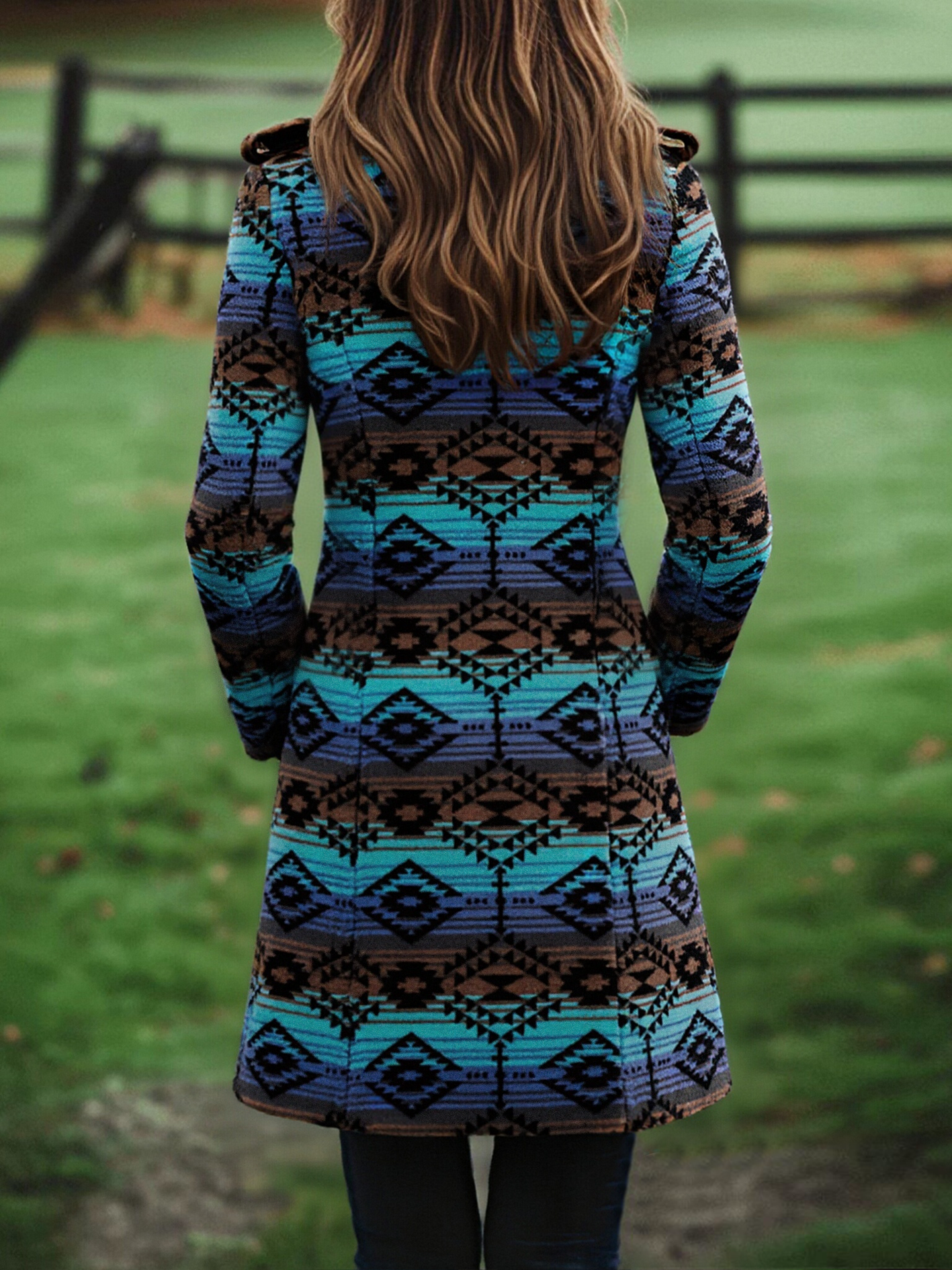 Retro Boho Longline Tribal Print Wool Long Coat