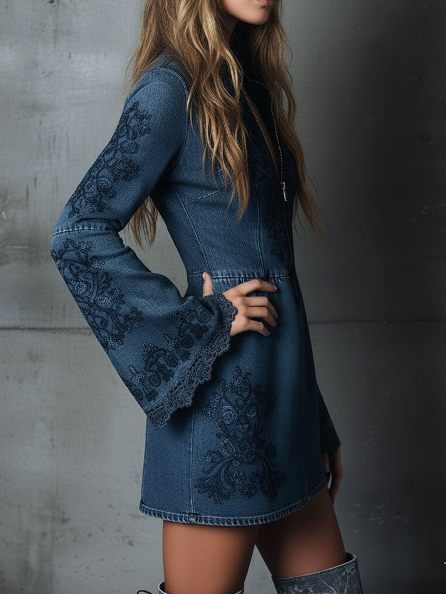 Boho Embroidered Zip Front Denim Mini Dress With Flared Lace Sleeves