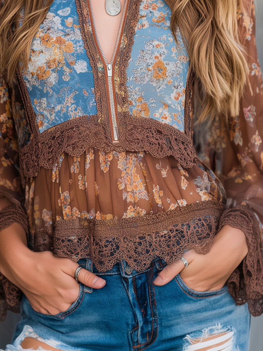 Boho Sheer Sleeves Floral Patchwork Print Zip Chiffon Blouse With Lace Trim