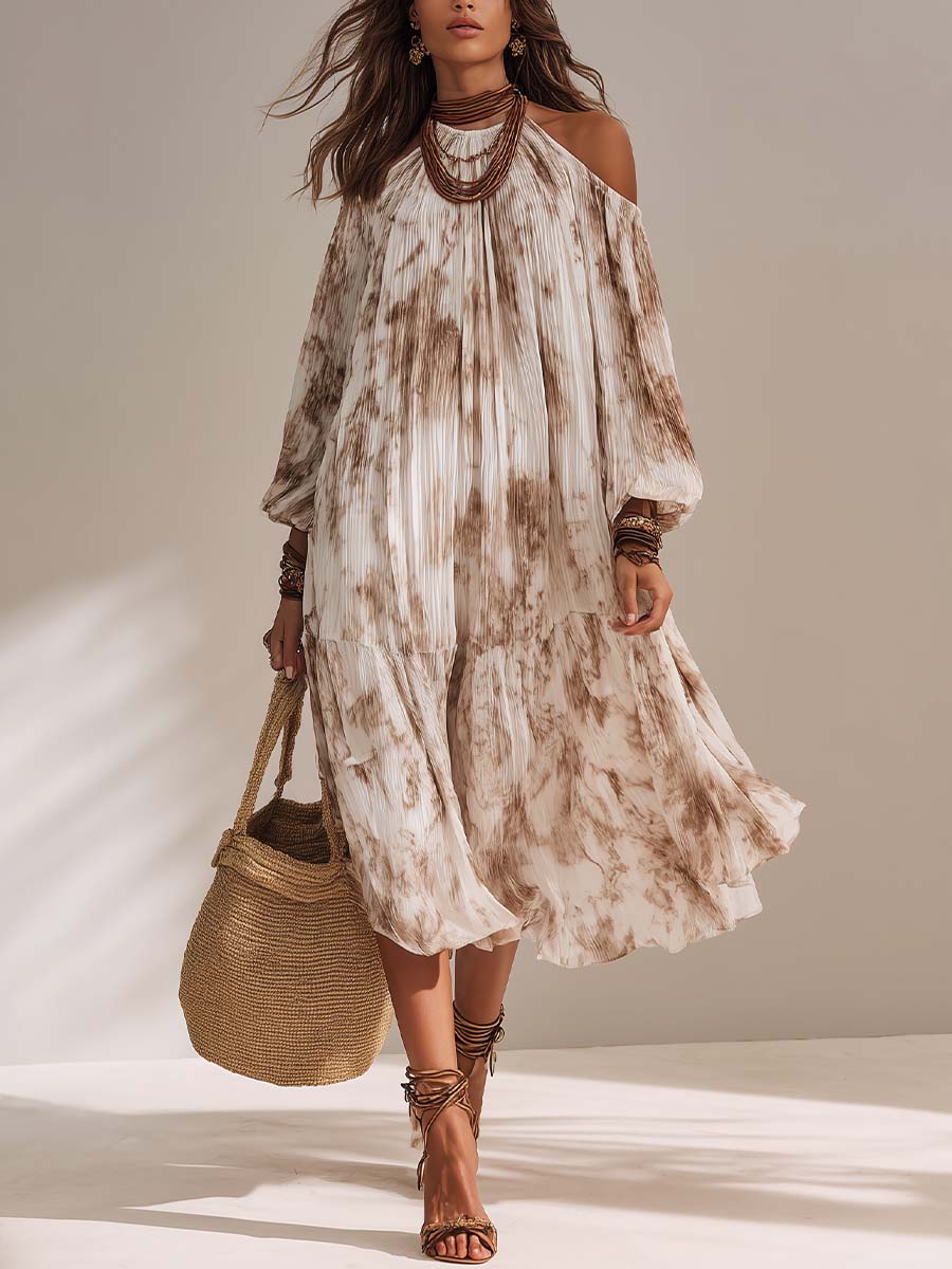Bohemian Vacation Print Ruffled Off-the-shoulder Midi Dress