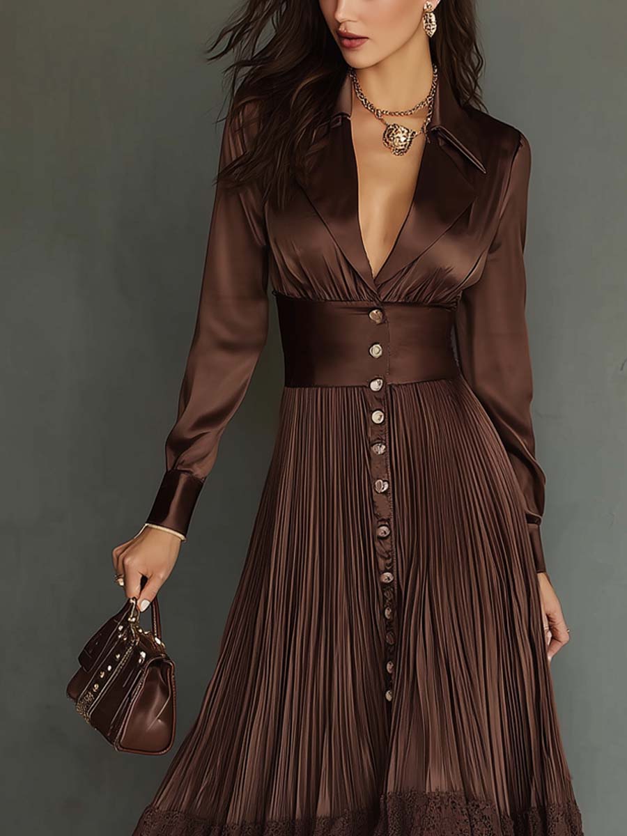 Vintage Peaked Lapel Pleated Polyester Satin Midi Dress