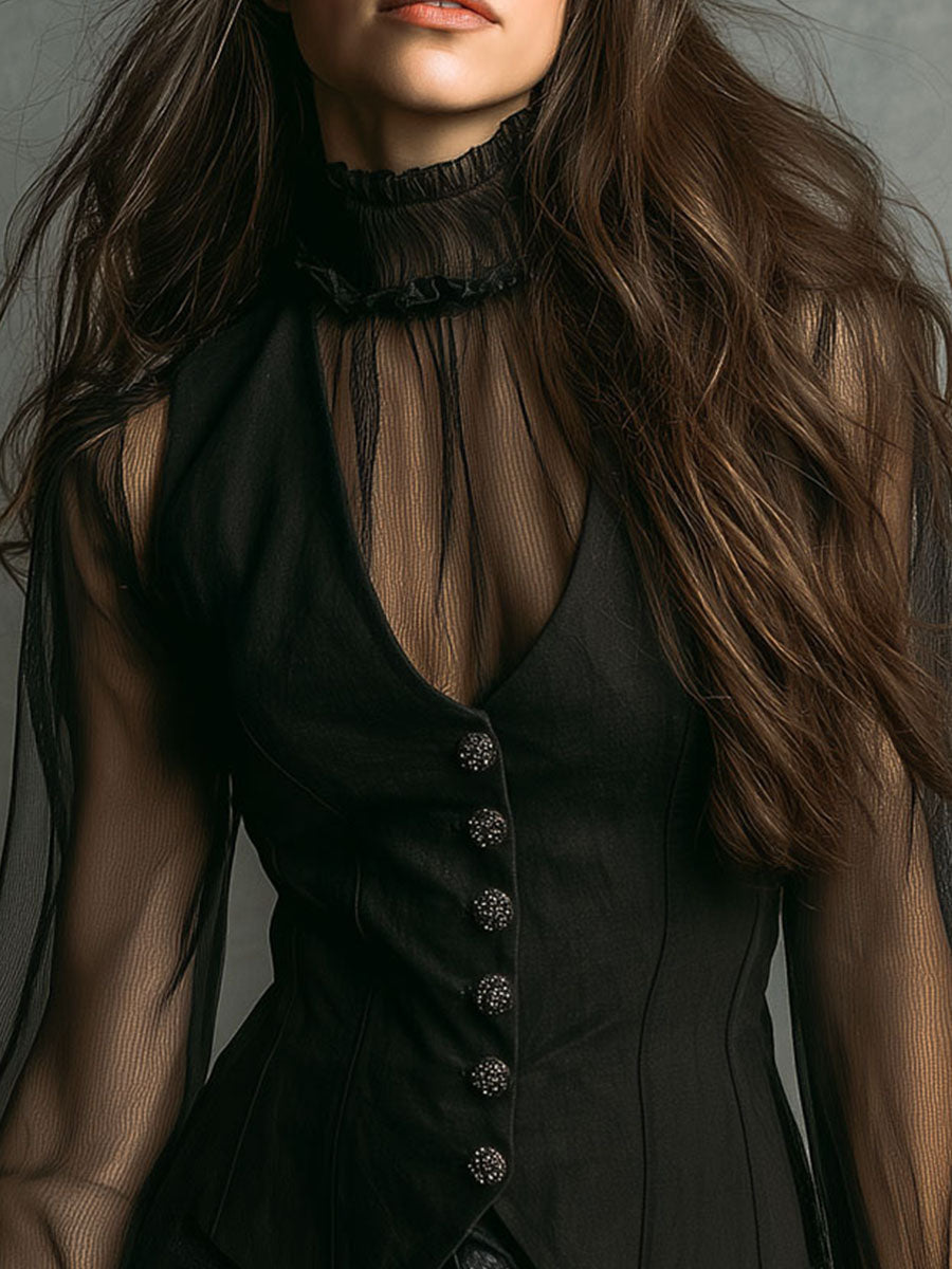 Black Sheer Turtleneck Ruffled Sleeve Corset Top with Crystal Buttons