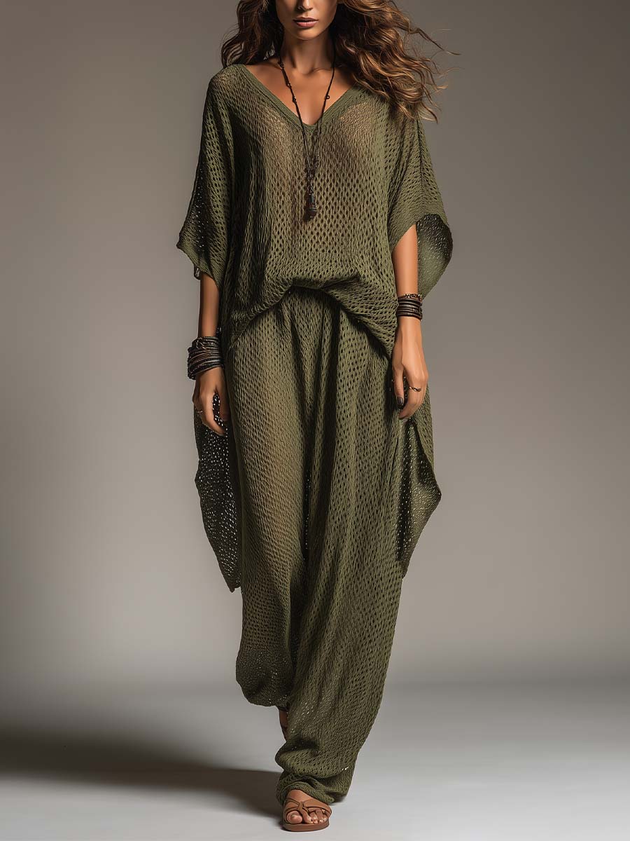 Bohemian Open-Knit Batwing Top & Wide-Leg Pants Set