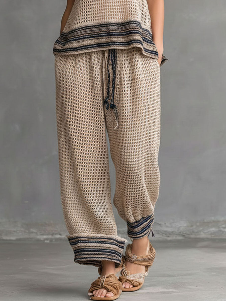 Boho Casual Beige Crochet Halter Top & Drawstring Pants Two-Piece Set