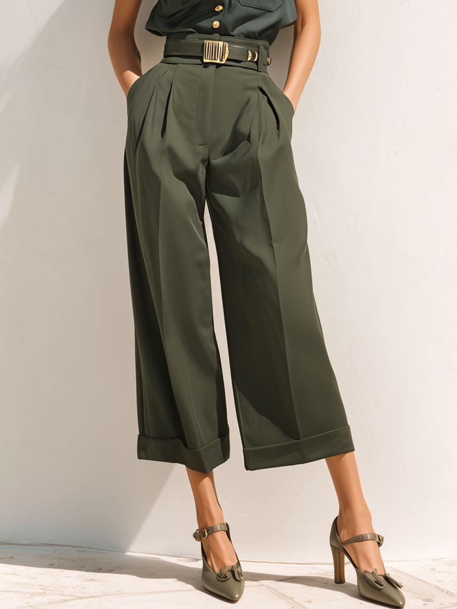 Retro Olive Wide-Leg Trousers & Short-Sleeve Shirt Utility Safari Set