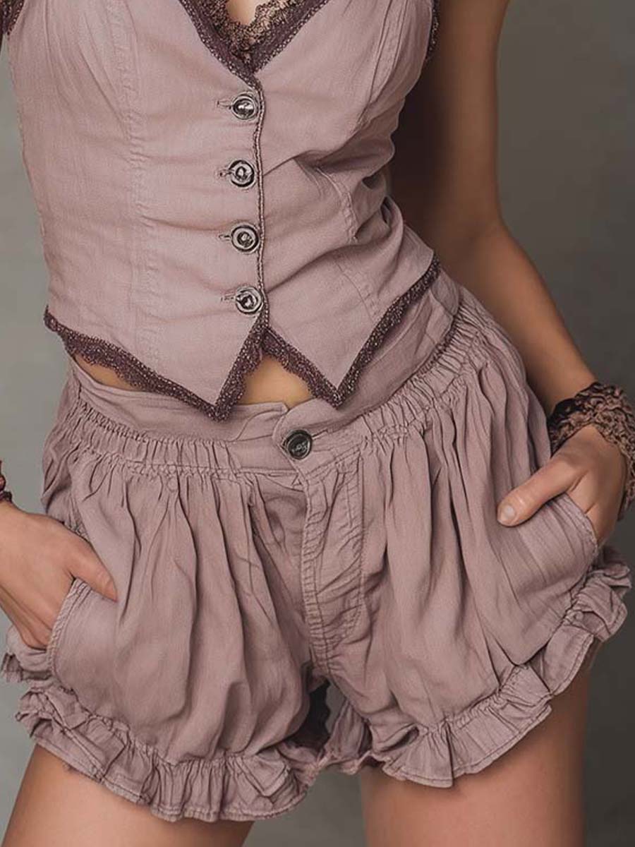 Lace-Trim Button Vest & Ruffle Shorts Set
