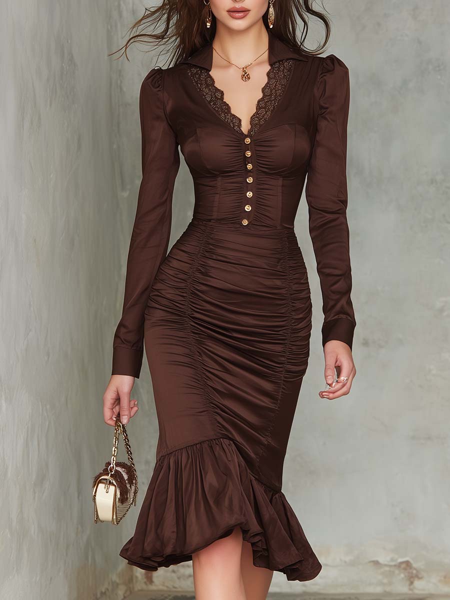 Vintage Lace Polyester Satin Midi Dress
