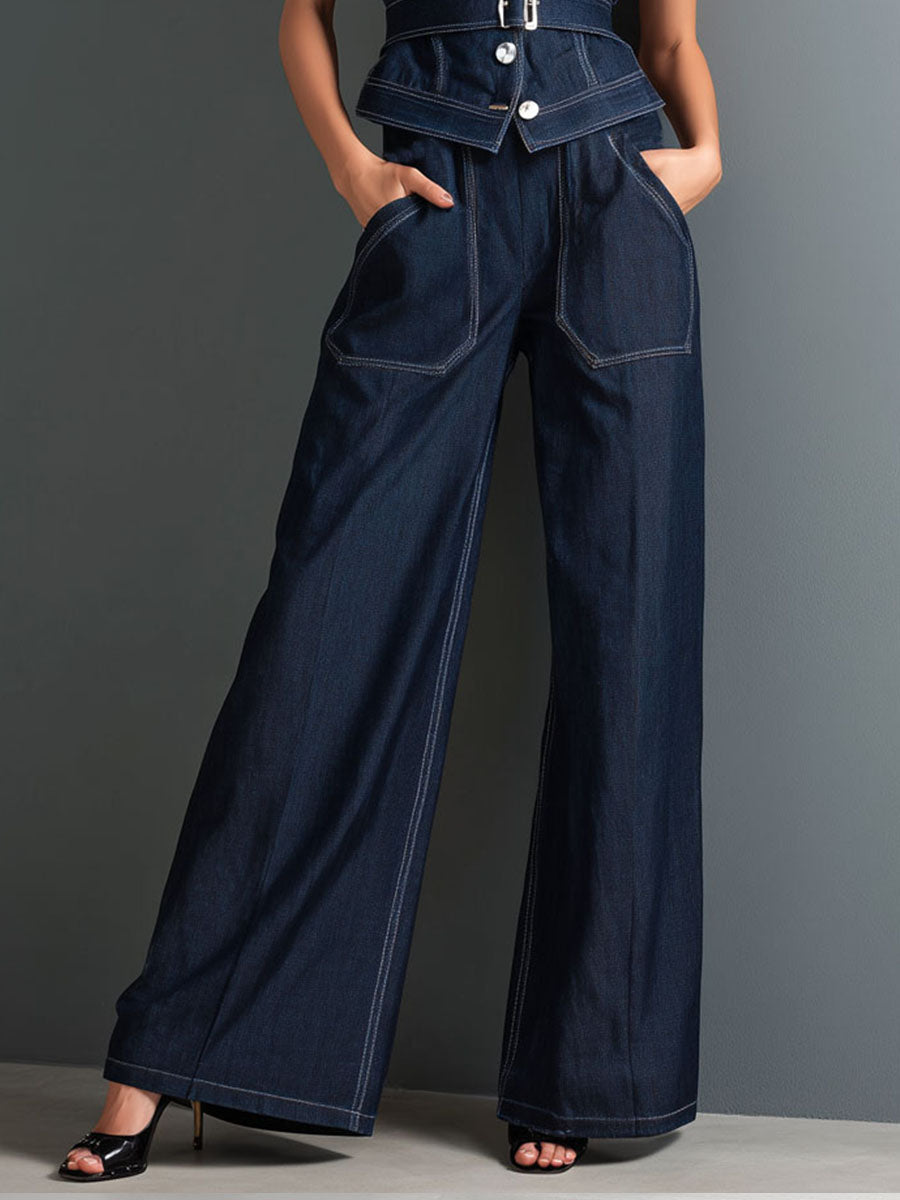 Retro Dark Denim Belted Vest & Wide-Leg Trousers Two-Piece Set