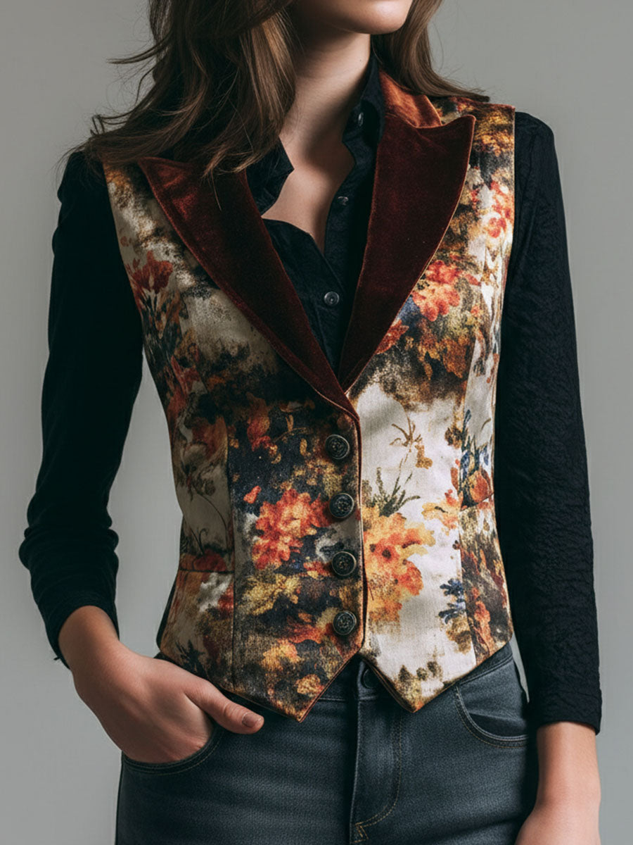 Vintage Burnt Orange Lapel Tapestry Print Velvet Vest