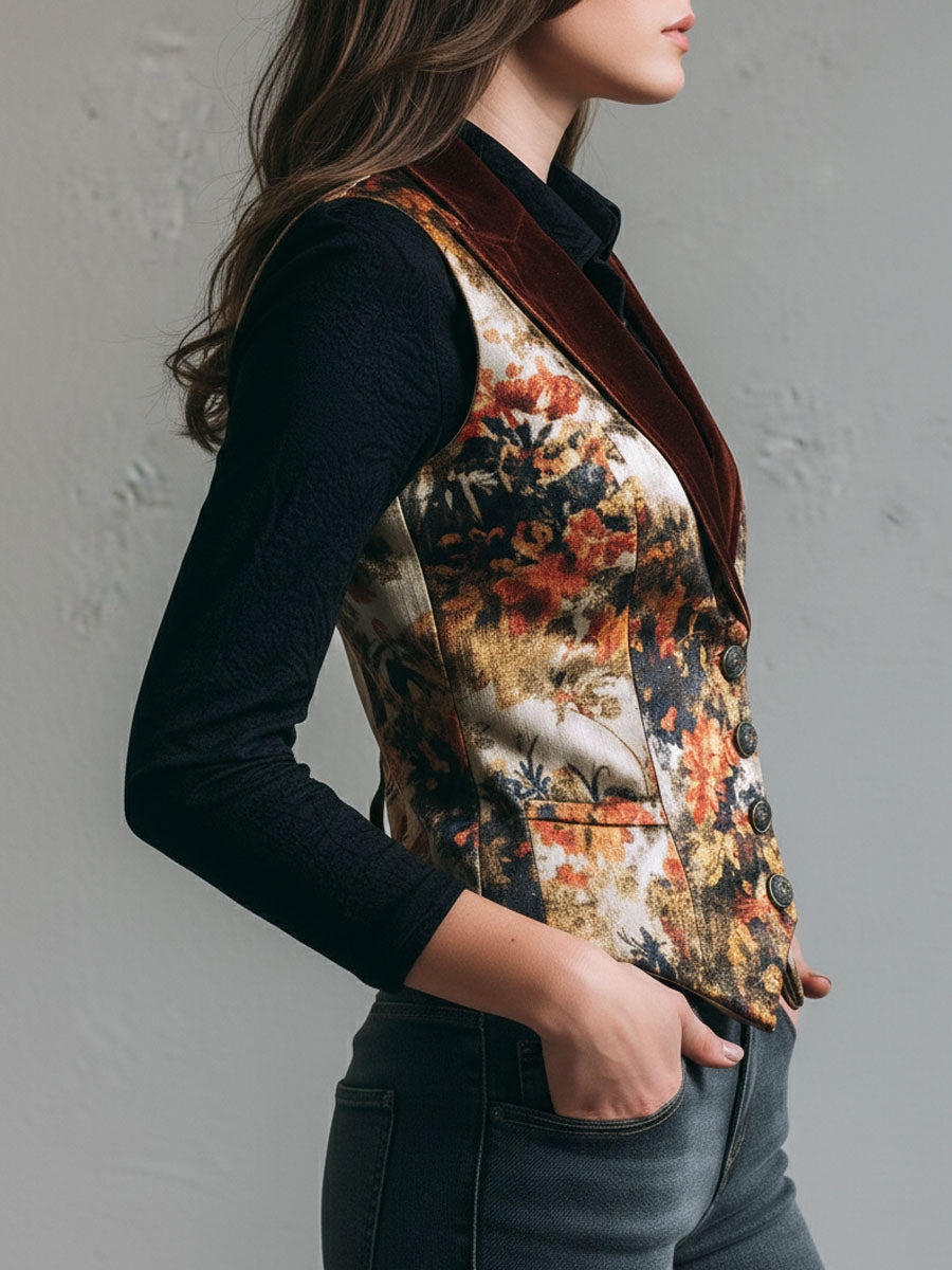 Vintage Burnt Orange Lapel Tapestry Print Velvet Vest