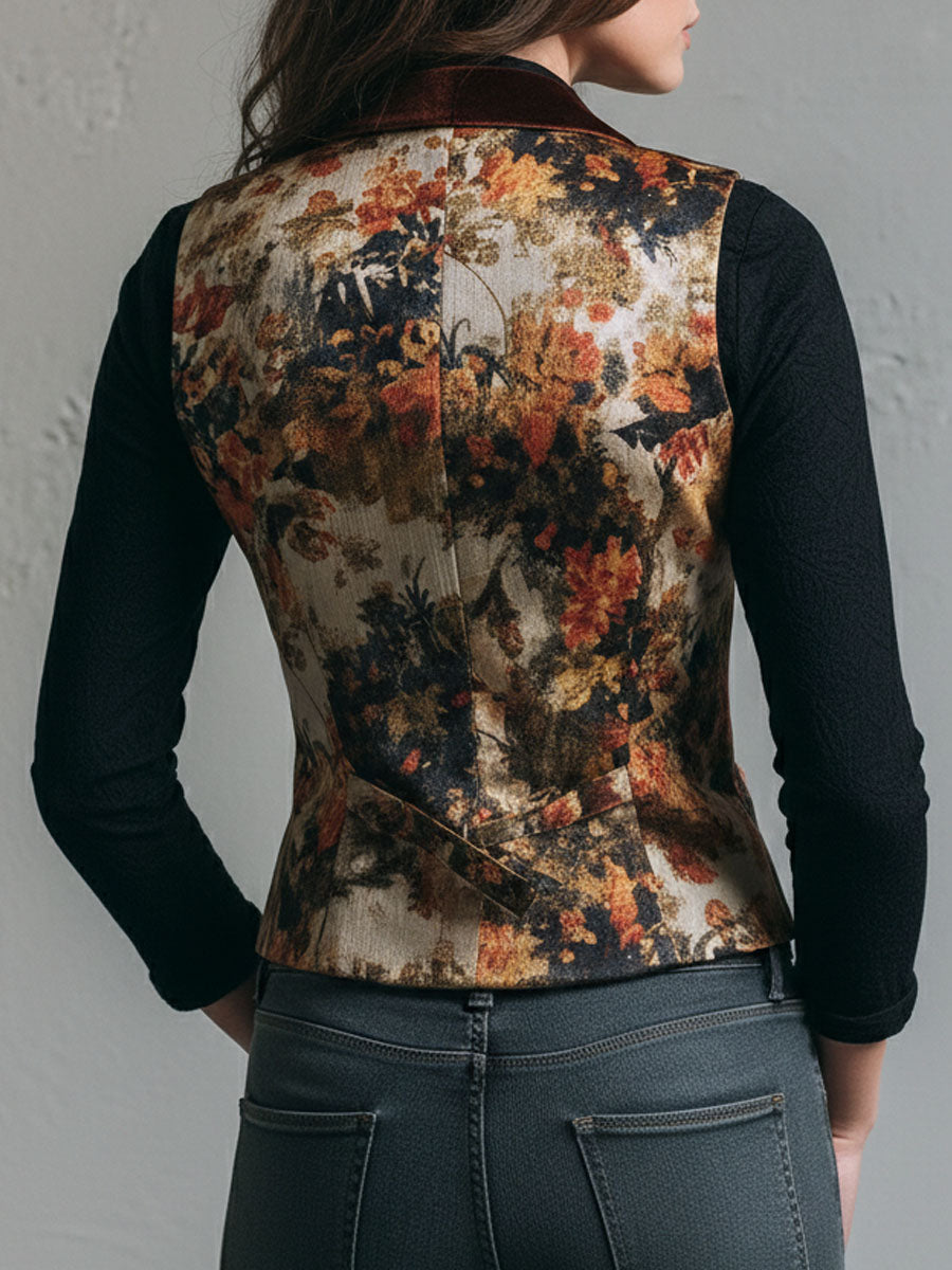 Vintage Burnt Orange Lapel Tapestry Print Velvet Vest