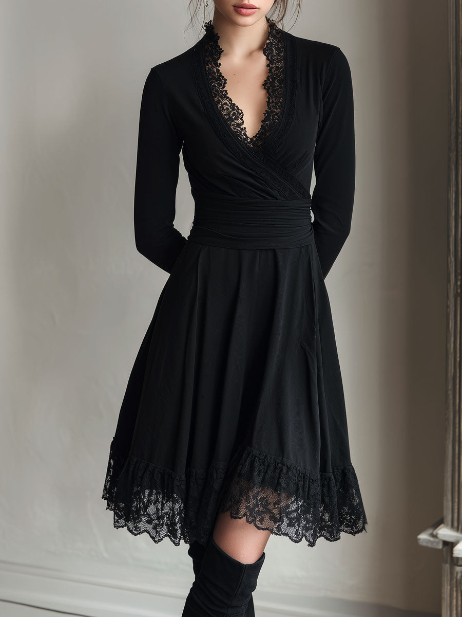 Elegant Black Lace-Trim Long Sleeve Fit-and-Flare Wrap Dress