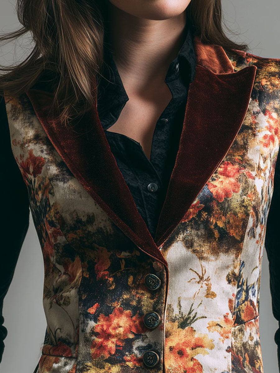 Vintage Burnt Orange Lapel Tapestry Print Velvet Vest
