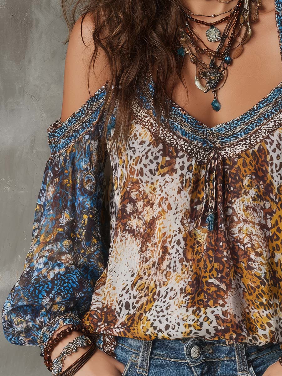 Boho Mixed-Print Cold-Shoulder Chiffon Top