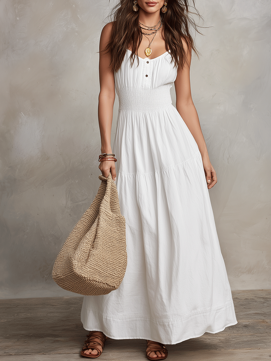 Bohemian White Button-Front Maxi Dress