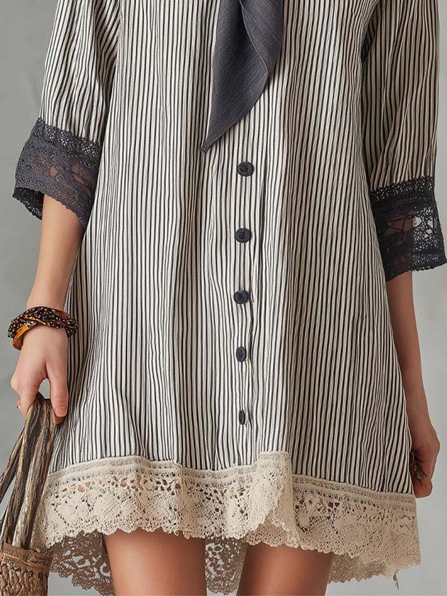 Elegant Casual Striped Cotton Shirt Dress With Bow Tie Detail.