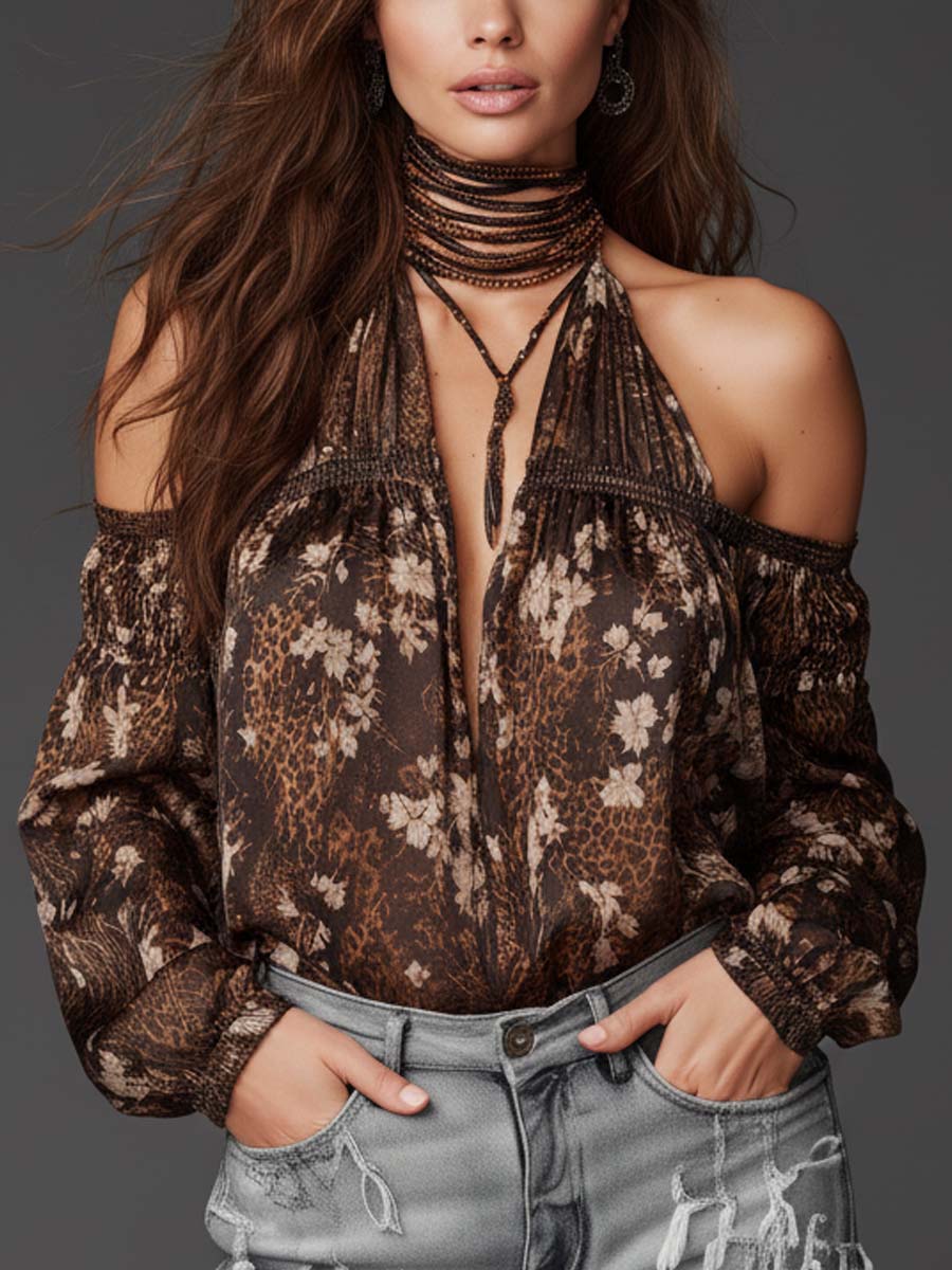 Bohemian Retro Wild Mocha Floral Halter Neck Blouse