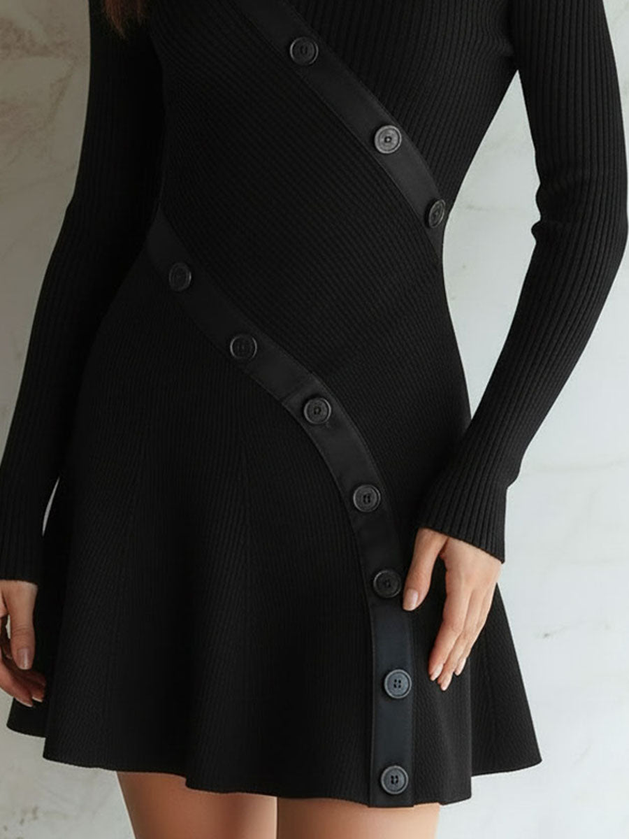 Asymmetric Off-Shoulder Black Ribbed Knit Mini Dress
