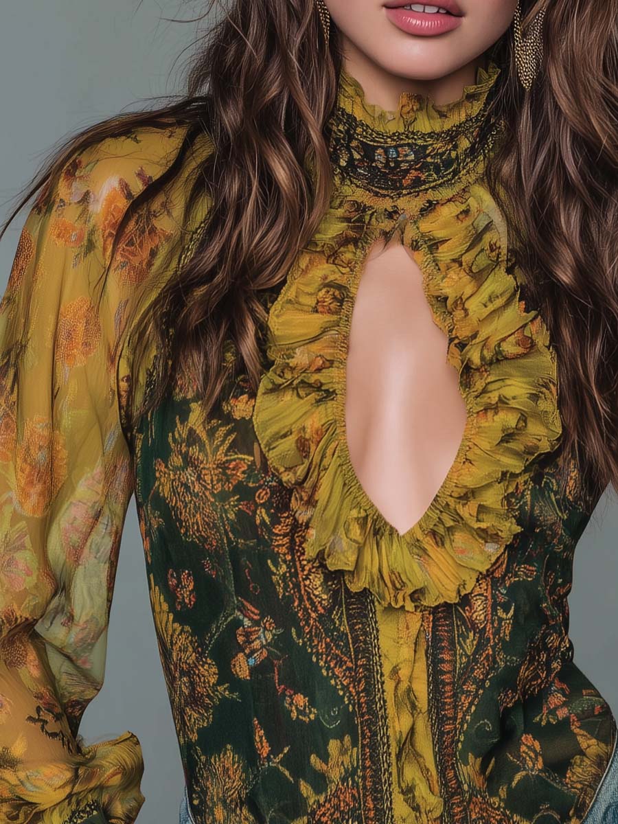Bohemian Ruffled Keyhole Floral Chiffon Blouse