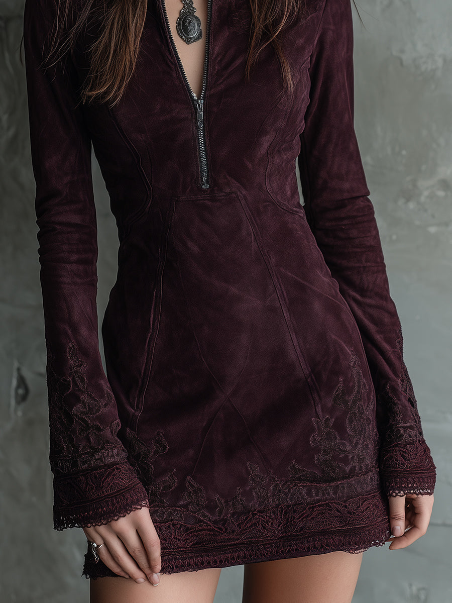 Vintage Suede Embroidered Lace Trim Mini Dress