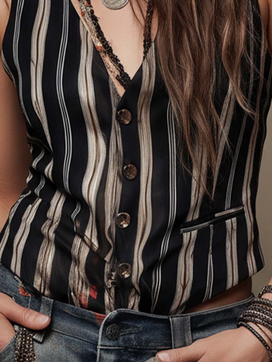 Pinstripe Satin Button-Front Vest Top
