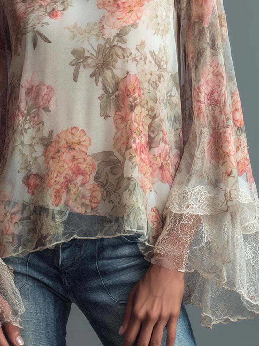 Vintage Floral Lace High-Neck Blouse With Sheer Bell Sleeve