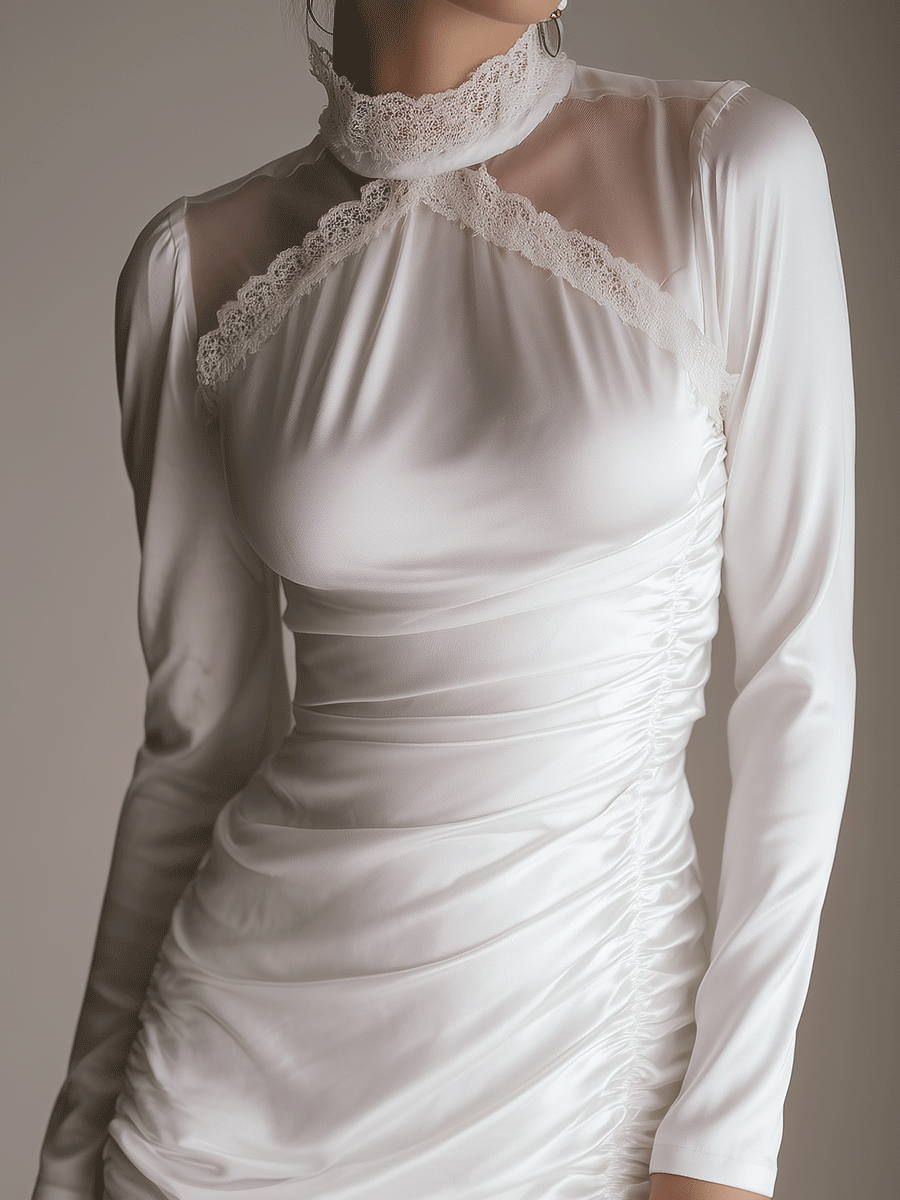 Quiet Romance Ivory Lace Ruched Mini Dress