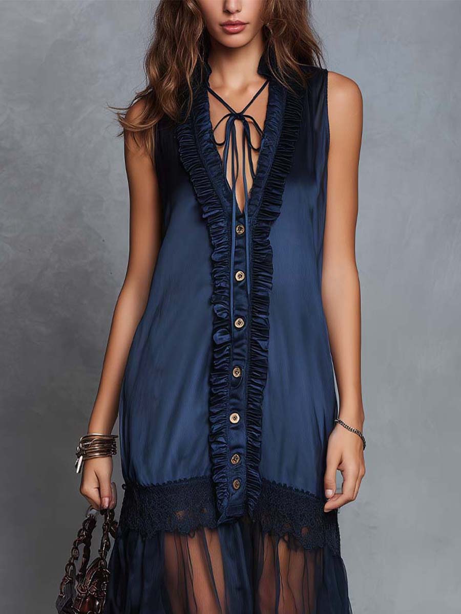 Elegant Satin-Panel Chiffon Lace Sleeveless Midi Dress