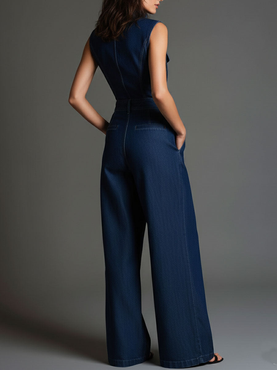 Retro Dark Denim Sleeveless High-Waist Wide-Leg Jumpsuits